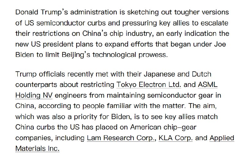 彭博社刚刚报道称，特朗普政府正在草拟更严厉的美国半导体限制措施，并向主要盟友施压，要求它们加大对中国芯片产业的限制