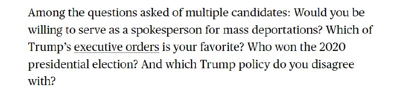 彭博社报道，申请联邦机构高级职位的候选人表示，他们接受了有关特朗普的忠诚度测试，以确保忠诚于特朗普及其第二任政府