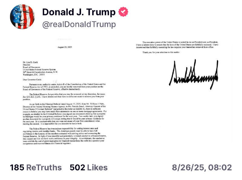 特朗普签署文件解除美联储理事库克的职务，即时生效