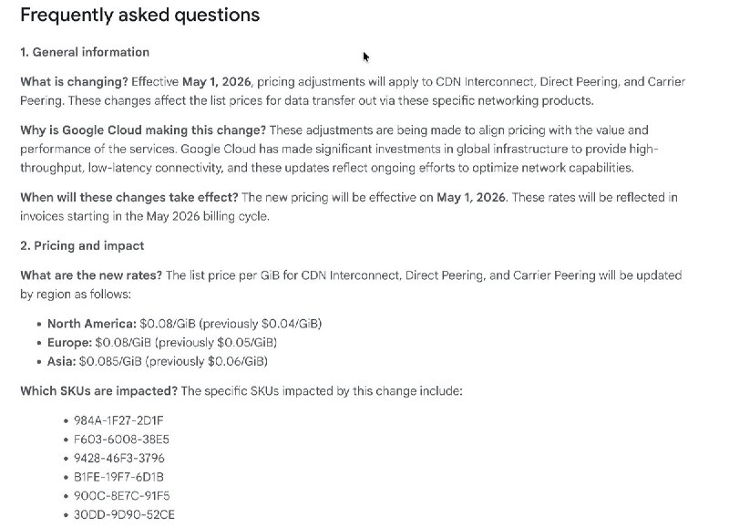 谷歌云宣布将于2026年5月1日对CDN Interconnect、Direct Peering、 Carrier Peering等方式进行数据传输的价格进行调整，其中北美地区翻倍