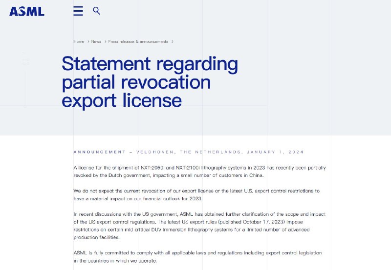 外汇交易员 (Twitter)ASML（阿斯麦）发布声明称，荷兰政府最近撤销了NXT:2050i和NXT:2100i光刻系统的在2023年的出货许可证，会对中国大陆小部分客户产生影响