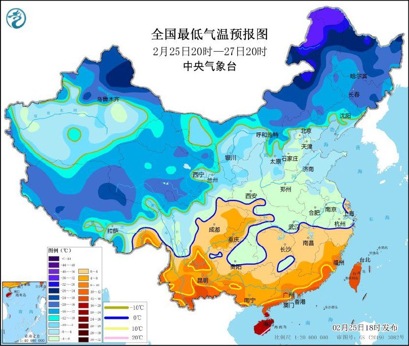 中央气象台2月25日18时发布低温蓝色预警预计，2月25日20时至27日20时，湖北东南部、江西西部和中南部、湖南东部和中南部、贵州大部、广西大部、广东西北部等地日平均气温较常年同期偏低5～7℃，其中，湖南南部、贵州东南部、广西东北部等地偏低7℃以上；期间，最低气温0℃线位于浙江中北部、安徽南部、湖北南部至湖南南部和西部、贵州中部一带 