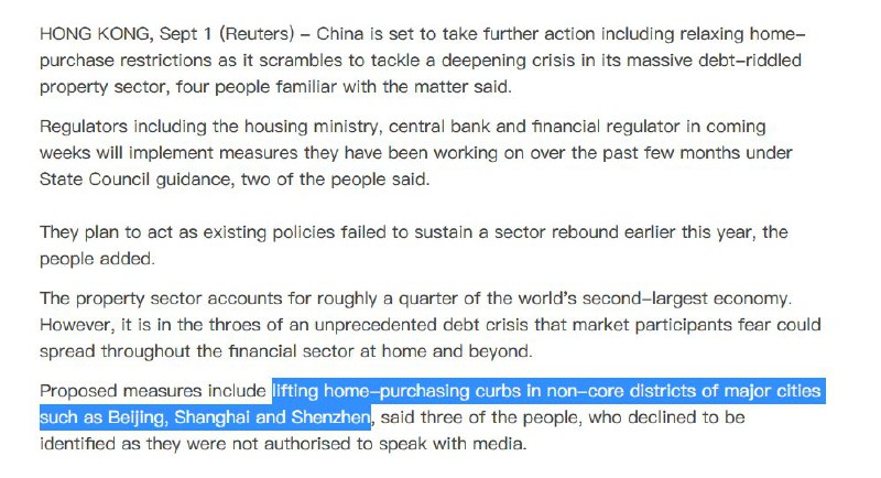 外汇交易员 (Twitter)路透社消息：知情人士称，中国将采取放松购房限制等措施进一步行动提振房地产市场，因现有政策未能维持年初的反弹