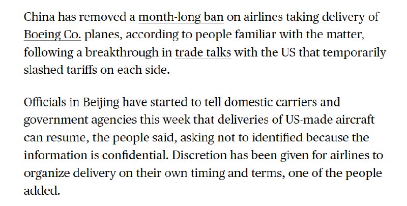 外汇交易员消息称，在中美贸易谈判取得突破后，中国已取消了对航空公司接收波音公司飞机的禁令