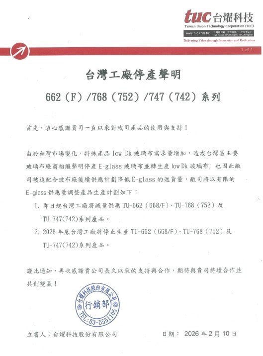 大猫剑客转：各位领导，关于台耀停产的事件：一方面进一步验证了普通电子布紧缺的现状另一方面我们了解到各家CCL目前对普通极薄和超薄布都拿货紧张，停产的不止台耀一家