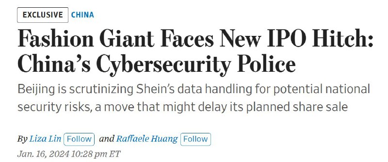 外汇交易员 (Twitter)华尔街日报称，Shein正接受中国互联网监管机构的网络安全审查，确保Shein合理处理在华员工、供应商及合作伙伴信息，有效保护这些数据不对海外泄露