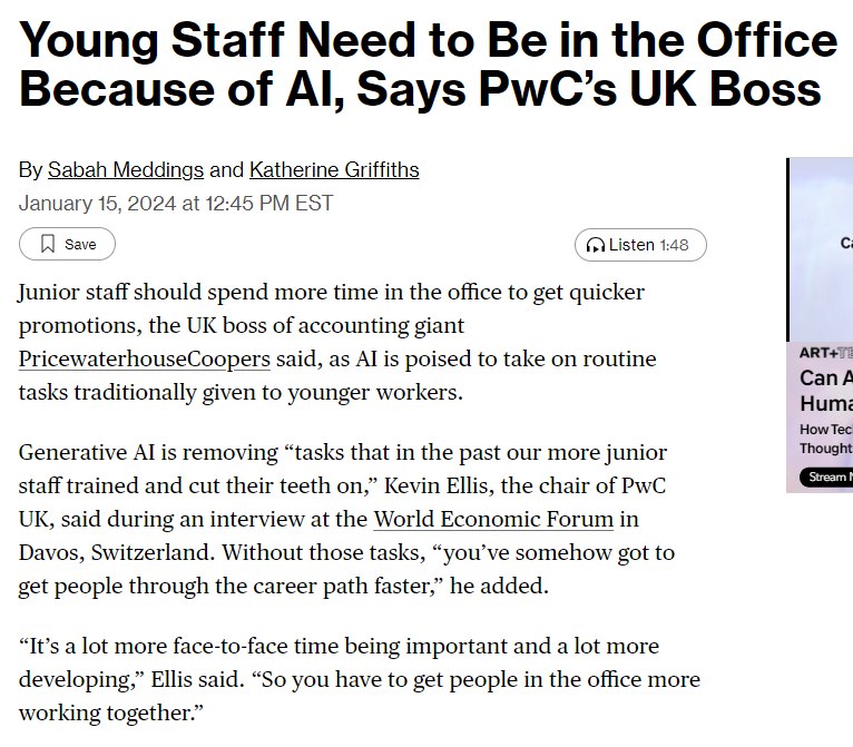 Jeff Li (Twitter) 普华永道(PwC)的英国公司主席表示，初级员工应该花更多的时间在办公室工作，以便更快地晋升，因为AI将承担传统上交给年轻员工的日常任务