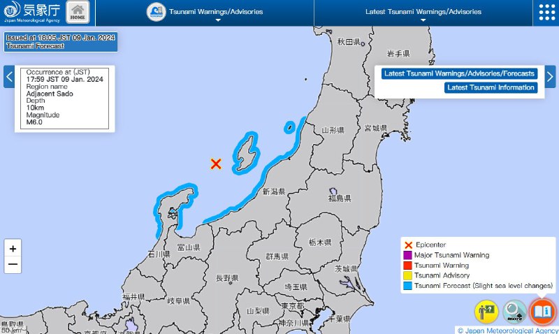 外汇交易员 (Twitter)日本新潟县佐渡市附近发生6.0级地震，最大震度为5-，震源深度10公里