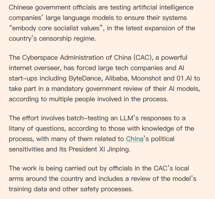 外汇交易员 (Twitter)据FT报道，网信办正测试中国人工智能企业的大语言模型，确保系统体现社会主义核心价值观