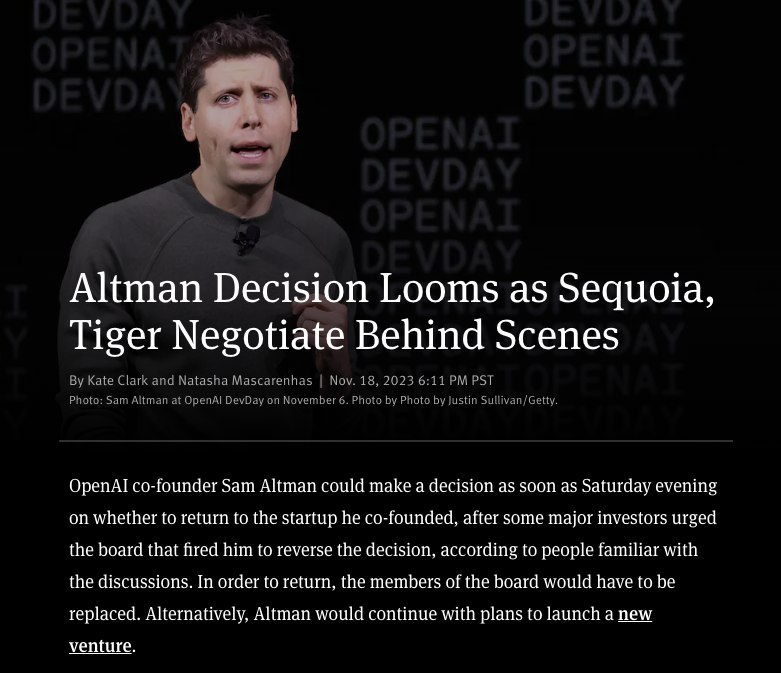 外汇交易员 (Twitter)据The Information报道，OpenAI联合创始人Sam Altman最早可能会在当地时间周六晚决定是否重回OpenAI