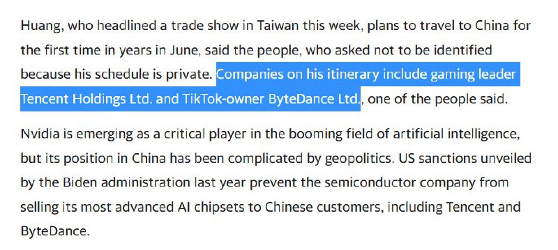 彭博社消息，英伟达CEO黄仁勋将在6月前往中国大陆，会见腾讯、字节跳动等企业高管
