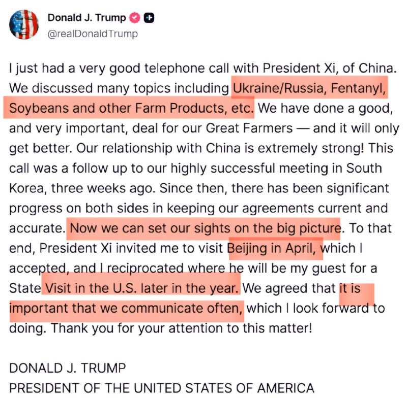 Atom -宏观经济观察员结合中美双方通稿看1.双方都在各讲各的重点，但都在强调釜山会晤的成效，是明显的风险降低信号美方的 “set our sights on the big picture” 呼应中方的 “打开新的合作空间”2.台海问题被正式放到战后国际秩序叙事框架美方表示理解，本质上也是在降低战略误判的空间3.两国元首26年互访