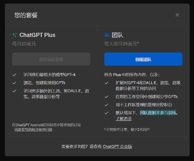 ChatGPT正式推出团队套餐模式OPENAI为ChatGPT用户推出团队套餐模式，该模式下团队最少2名用户，价格按年计费，每月每人费用为25美元，该模式下包含 Plus 中的所有内容，以及允许团队用户微调自己的模型，且团队数据不参与训练，团队管理员可以控制数据的保留时间