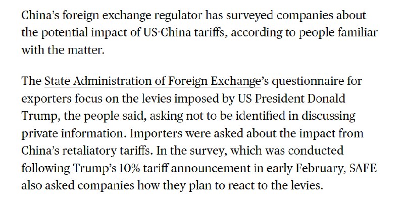 外汇交易员 (Twitter)据彭博社最新消息，中国国家外汇管理局已对企业进行了有关中美关税潜在影响的调查
