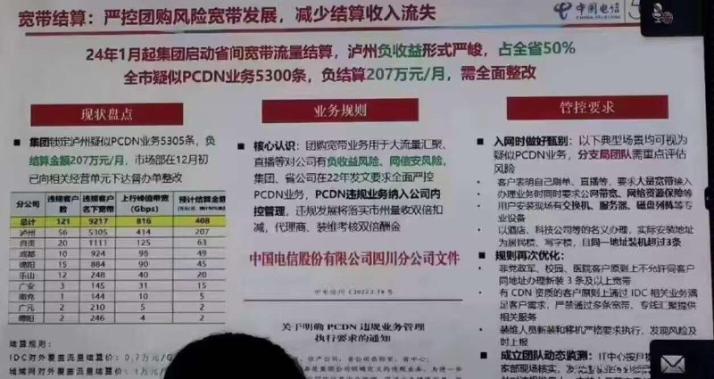 四川电信疑似将于2024年1月起启动省间宽带流量结算和全省整治PCDN行为据网络流传四川电信内部学习截图显示四川电信即将于2024年1月起启动省间流量结算，同时截图指出四川电信集团即将对全省进行PCDN业务整治，同时对用户入网时进行风险评估以下入网环境被认为高风险:1.  客户表明自己刷单，直播等，要求大量宽带接入2.  办理业务时同时要求公网带宽，网络资源保障等3.  用户安装现场有交换机，服务器，磁盘阵列等专业设备4.  以酒店，科技公司等的名义办理，实际安装地址为居民楼，写字楼，且同一地址装机超过三条管控规则更改:1.  非党政军，校园，医院客户原则上不允许同客户同地址办理新装3条及以上宽带2.  有CDN资质的客户原则上通过IDC相关业务满足客户需求，严禁通过多条宽带，专线汇聚提供相关服务3.  装维人员新装和移机严格要求执行，发现风险及时上报