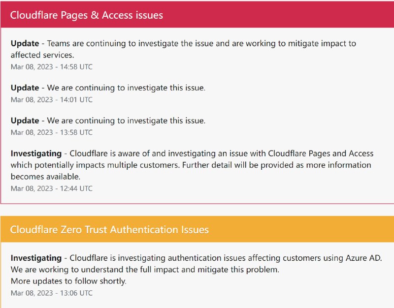 重要速报：Cloudflare 多个服务出现重大故障，目前正在修复Cloudflare Pages and Access 页面和访问出现故障，截止到目前Cloudflare 仍处于修复中Cloudflare Zero Trust 零信任网络验证出现故障，Azure AD 用户验证出现问题，截止到目前Cloudflare 仍处于修复中Cloudflare系统状态