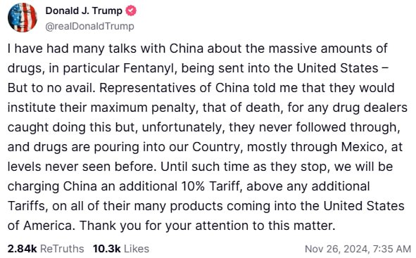 特朗普：将对中国产品征收10%额外关税 控“中方未能兑现承诺”美国当选总统特朗普(Donald Trump)周一(11月26日)表示，将对中国所有产品征收10%额外关税，指控中方未能兑现对芬太尼贩运者判处死刑的承诺