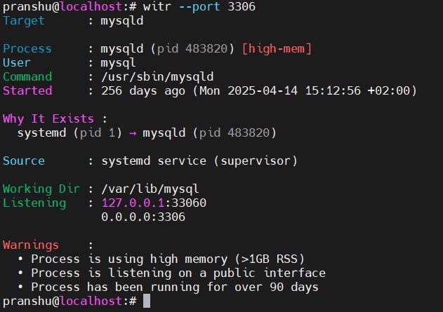 🔍 开源推荐：witr - 追根溯源，一键搞懂“为什么这个进程在运行”在服务器排查问题时，我们常使用  ps、top 或 lsof 查看系统状态，但这些工具通常只能告诉你“什么在运行”，却很难直观地解释“它为什么在运行”