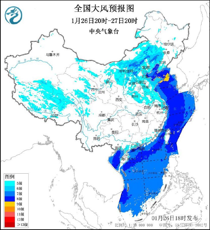 中央气象台1月26日18时发布暴雪黄色预警，大风黄色预警，寒潮蓝色预警受寒潮影响，预计，1月26日20时至28日08时，内蒙古东部、辽宁中西部、陕西中北部、华北大部、黄淮东部、江淮大部、江南中东部等地气温将下降6～10℃，其中，内蒙古东部、河北中北部、陕西关中平原等地部分地区降温可达12℃以上，最低气温0℃线将南压到江南南部至贵州南部和云南北部一带