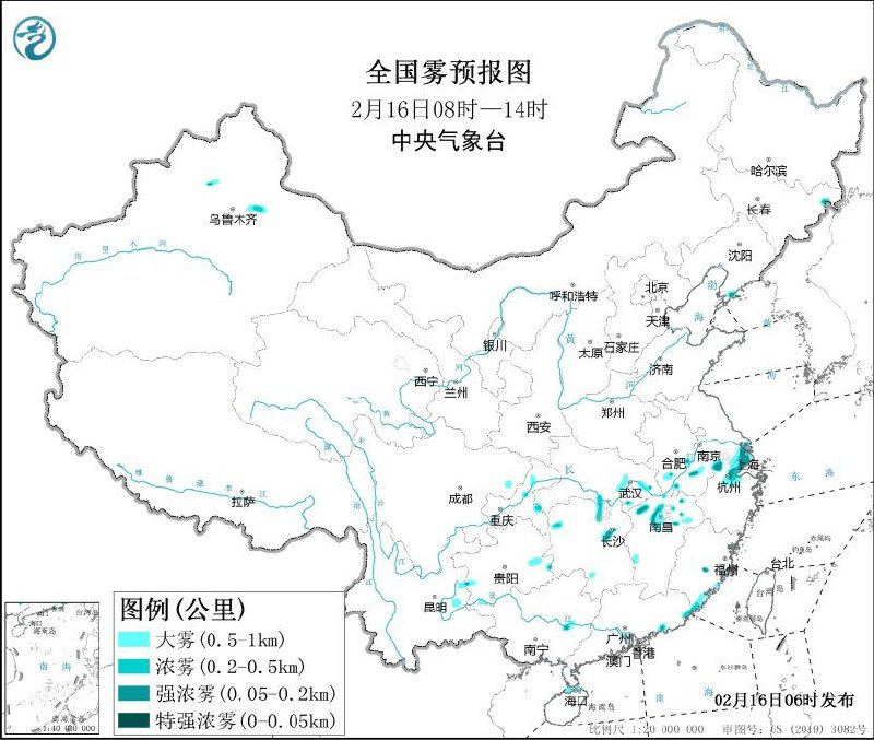中央气象台2月16日06时发布大风蓝色预警，继续发布大雾黄色预警预计，2月16日08时至17日08时，内蒙古中东部、河北北部、北京、辽宁西部和南部、山东半岛、江苏东部及西藏北部等地的部分地区有5~6级、阵风7~8级大风；渤海、黄海中部海域、东海东北部海域、台湾海峡、台湾以东洋面、巴士海峡、南海东北部海域的部分海域将有7级、阵风8级的偏北风