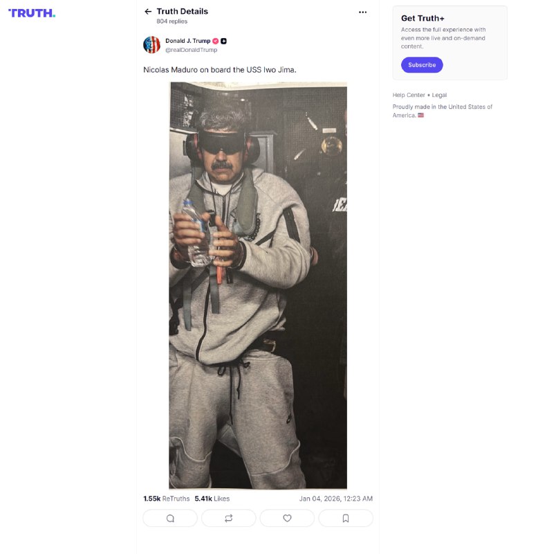 美国总统唐纳德·特朗普在 Truth Social 上发布了一张声称“委内瑞拉总统马杜罗遭美方抓获”的照片，并配文“Nicolas Maduro on board the USS Iwo Jima.”；而在此之前，俄罗斯卫星社发布的相关照片已被正式证伪