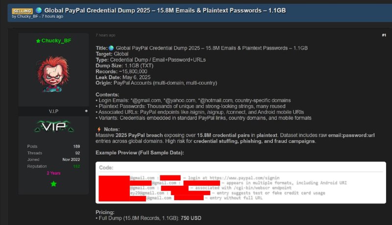 黑客暗网兜售1580万条PayPal账户凭证一名黑客声称正在出售一个包含1580万条PayPal登录凭证的数据库