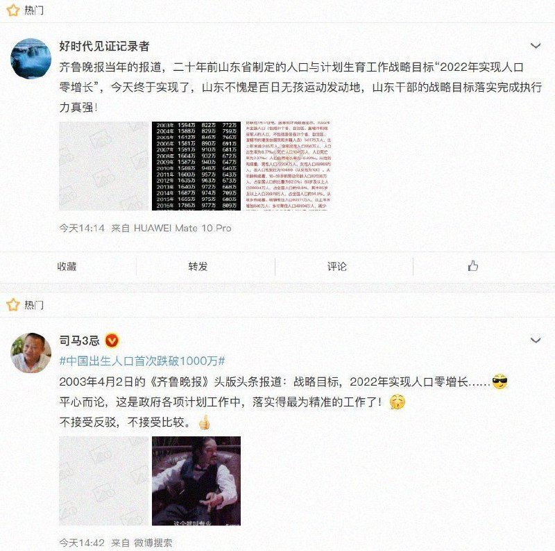 齐鲁晚报20年前《2022年实现人口零增长》报道的图片已被微博屏蔽