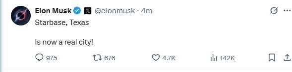 马斯克赢得投票，在德克萨斯州建立自己的城市根据县选举网站公布的初步投票结果，SpaceX火箭发射场和总部周围偏远社区的居民通过了一项投票议案，将德克萨斯州的“星际基地”（Starbase）建立为自己的城市，这让SpaceX首席执行官埃隆·马斯克取得了决定性的胜利