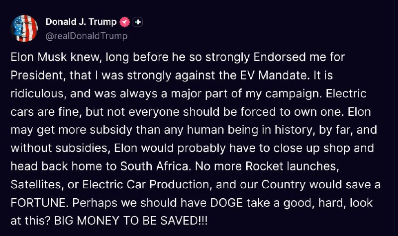 特朗普：早在埃隆·马斯克强烈支持我竞选总统之前，他就知道我强烈反对电动汽车强制令