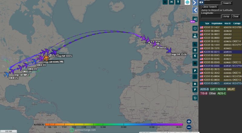 美军加油机正飞往中东地区，约 21 架 KC-135R 正从 COINUS 出发，另有 9 至 15 架 KC-46A 一同前往
