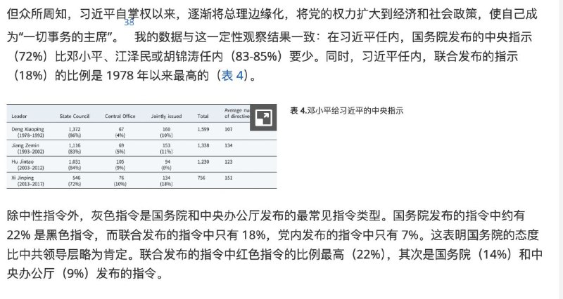 约翰霍普金斯大学政治学家洪源远（Ang Yuen Yuen）在对1978-2017年中国近5000条中央指令进行分析后，分别出三种指令：灰色指令（中央对允许或禁止某项政策措辞含糊不清）、黑色指令（中央明确鼓励某些政策）和红色指令（中央明确禁止某些政策）