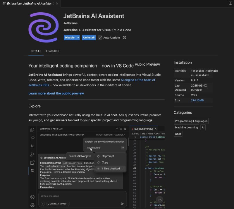 JetBrains AI Assistant – 现已在 Visual Studio Code 中在公开预览期间，您可以使用当前的 JetBrains AI 订阅，或者如果您没有订阅，则使用 JetBrains 帐户登录后将自动获得免费的 AI EAP 许可证