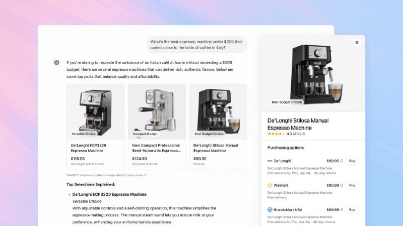 ChatGPT推出购物新功能 可推荐商品并跳转商家网站购买OpenAI宣布为ChatGPT搜索新增购物功能，用户可通过聊天界面搜索商品并跳转至商家网站完成购买