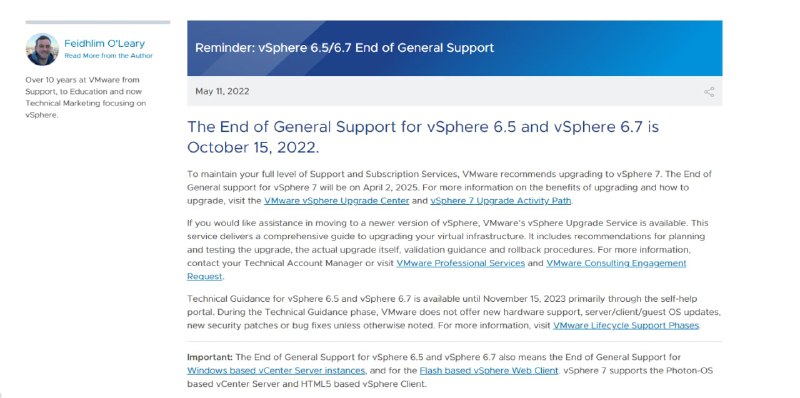 vSphere 6.5 和 vSphere 6.7 的一般性支持将于 2022 年 10 月 15 日结束vmware云平台在2022.5.11宣布vSphere 6.5 和 vSphere 6.7 的一般支持将于 2022 年 10 月 15 日结束，目前距离到期还剩下三天时间vSphere 6.5 和 vSphere 6.7 的技术指南在 2023 年 11 月 15 日之前主要通过自助门户提供