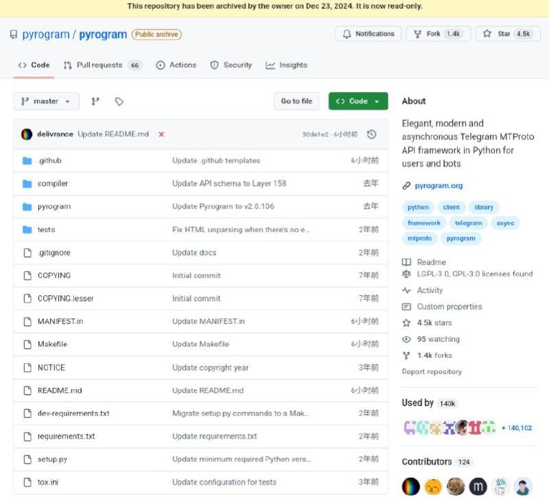 Pyrogram 项目正式终止开发与支持，代码库已归档知名 Telegram API 框架 Pyrogram 开发者近日正式宣布项目终止开发与支持