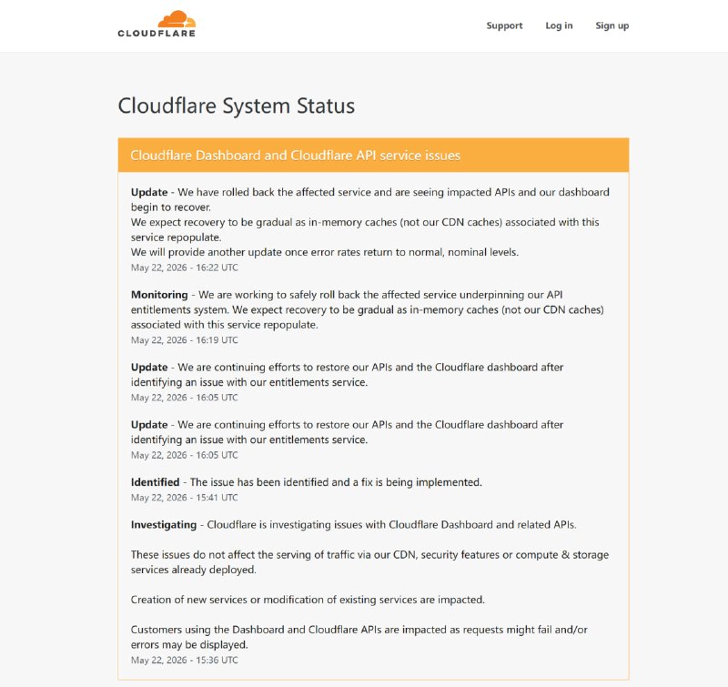 Cloudflare 控制面板和 Cloudflare API 服务出现问题May 22, 2026 - 15:36 UTC — Cloudflare 正在调查 Cloudflare 控制面板及其相关 API 的问题