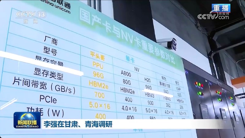 昨日新闻联播报道李强在甘肃、青海调研时的画面“曝光”了阿里巴巴平头哥PPU芯片与英伟达、华为等芯片的参数对比