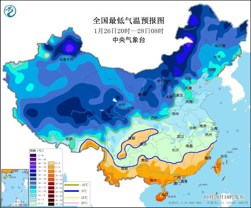 中央气象台1月26日18时发布暴雪黄色预警，大风黄色预警，寒潮蓝色预警受寒潮影响，预计，1月26日20时至28日08时，内蒙古东部、辽宁中西部、陕西中北部、华北大部、黄淮东部、江淮大部、江南中东部等地气温将下降6～10℃，其中，内蒙古东部、河北中北部、陕西关中平原等地部分地区降温可达12℃以上，最低气温0℃线将南压到江南南部至贵州南部和云南北部一带