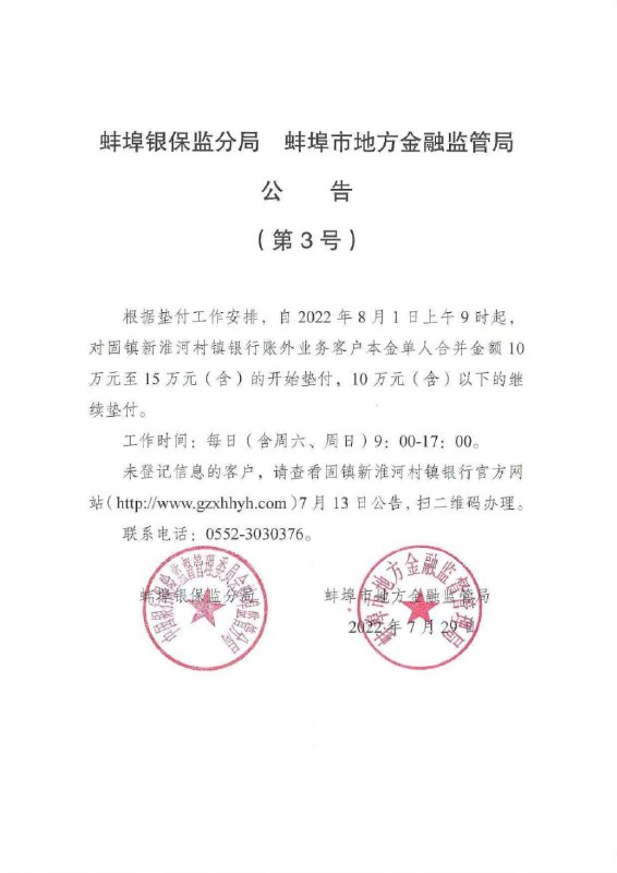 河南银保监局和蚌埠银保监分局29日公告，自8月1日起对禹州新民生、上蔡惠民、柘城黄淮、开封新东方、固镇新淮河五行“账外业务客户”本金开始第三批垫付，对象为单家机构单人合并金额15万元以下的客户
