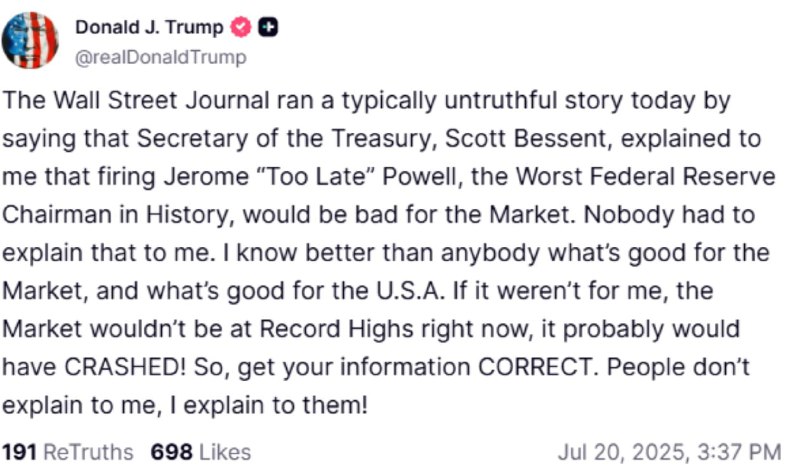 特朗普：不需要谁来跟我阐明解雇鲍威尔的利害关系华尔街日报此前报道称，美国财政部长贝森特最近几天私下向特朗普阐述了他认为不应该试图罢免鲍威尔的理由