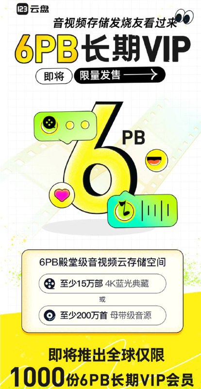 123盘正式发布6PB大容量长期会员但对部分上传内容进行限制123盘在昨日对外正式宣布发售价值4999的6PB长期会员，但在协议中规定不得存储会议记录，监控录像等长视频文件