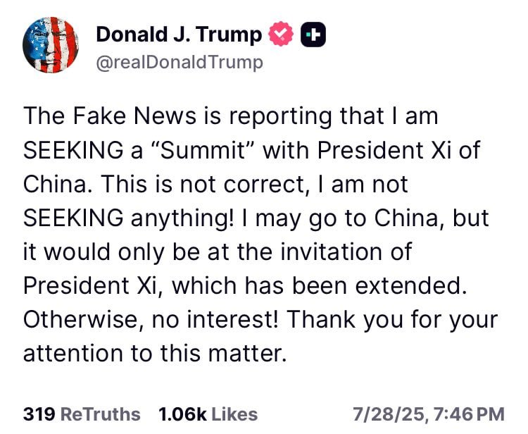 特朗普：假新闻报道称我在“寻求”与中国国家主席习近平举行“峰会”