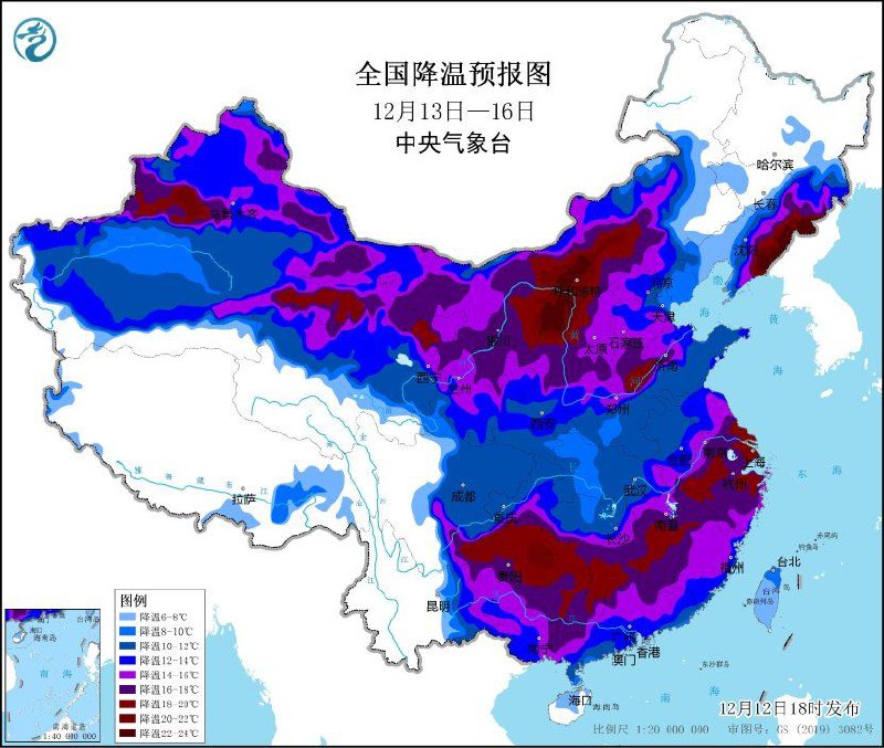 中央气象台发布寒潮黄色预警中央气象台12月12日18时发布寒潮黄色预警，预计，12月12日夜间起至16日，一股强寒潮将自新疆开始，自西向东、自北向南影响我国