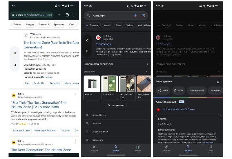 您可以在 Google 搜索结果上滑动来保存和分享作为搜索生成体验的一部分，谷歌将鼠标悬停在结果上可以为您提供方便的快捷方式