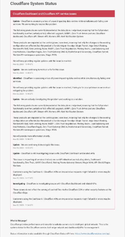 重要: Cloudflare 服务受数据中心断电影响 正在紧急处理中Cloudflare官方发布故障通告，报告了其数据中心遭遇断电影响，多项服务受到严重影响的情况