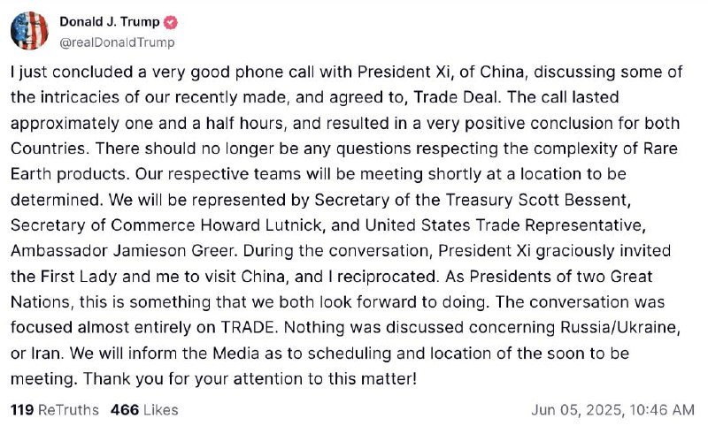 特朗普：我刚刚与中国国家主席习近平进行了一次非常愉快的电话交谈，讨论了我们最近达成并同意的贸易协议中的一些细节