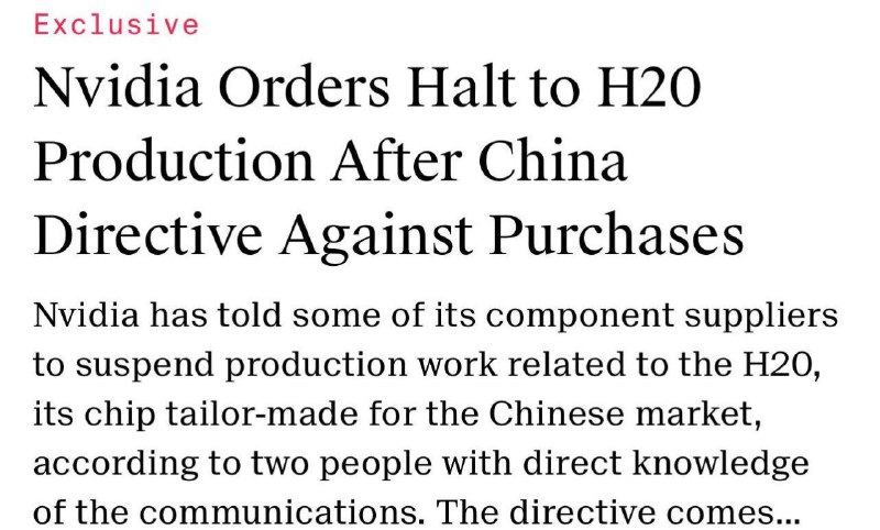 英伟达已指示三星电子及安靠科技等供应商暂停与H20 AI芯片相关的生产