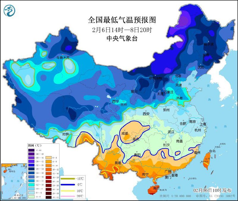 中央气象台2月6日10时继续发布寒潮蓝色预警受寒潮影响，2月6日14时至8日20时，黄淮及其以北大部地区过程降温6~8℃，其中西北地区东部、华北和黄淮的部分地区降温幅度达10℃以上；南方大部地区降温4~6℃，部分地区7~8℃，局部地区降温幅度可达10℃以上