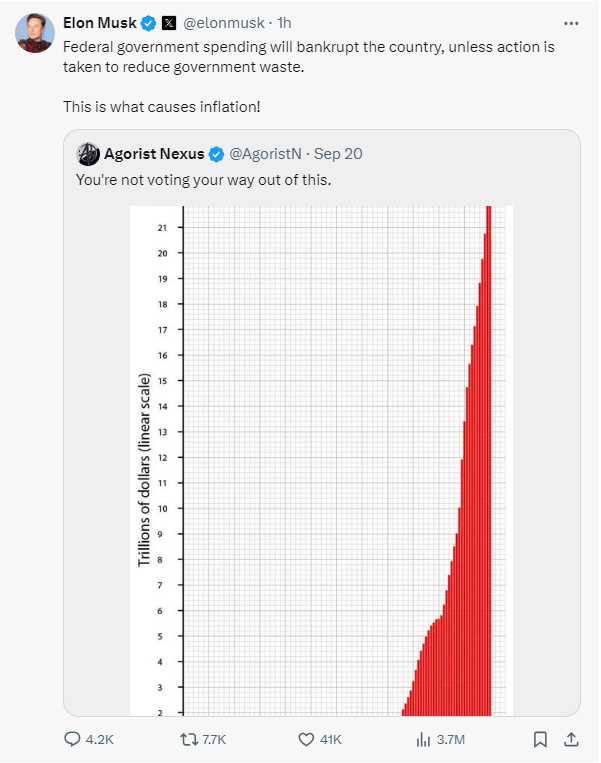 马斯克：美国政府的开支将使国家破产！特斯拉CEO马斯克在X平台上回复一位网友的帖子时称：“联邦政府的开支将使国家破产，除非采取行动减少政府浪费