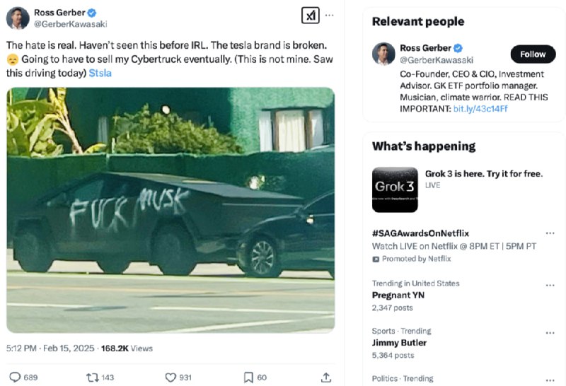 马斯克政治争议殃及特斯拉：激进抗议频发 销量股价双挫近期美国多地爆发针对特斯拉的暴力抗议活动，激进分子对特斯拉门店及车辆实施喷漆、纵火甚至枪击